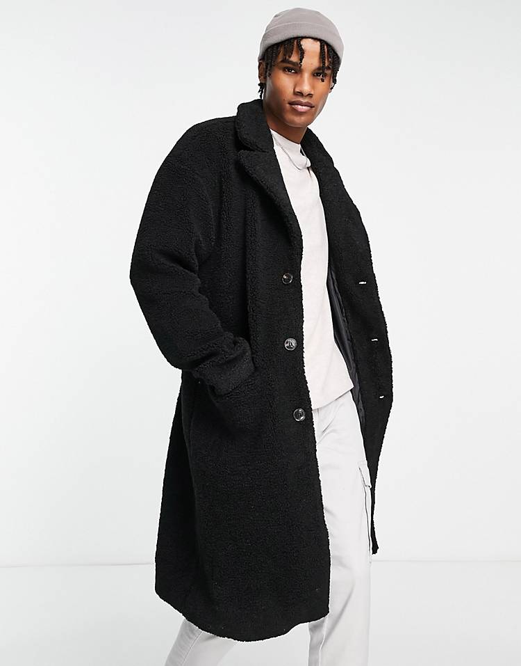 New Look teddy borg overcoat in black